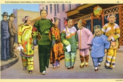 A vintage illustration of people in vibrant traditional Chinese attire walking down a street in Chinatown, San Francisco. Women wear ornate dresses; children are also dressed colorfully. Spectators are seen in the background near traditional lanterns.