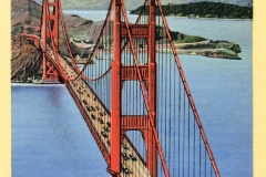 Vintage illustration of the Golden Gate Bridge in San Francisco, spanning the blue waters of the Golden Gate Strait. The iconic red towers and cables are prominently featured, with cars visible on the bridge deck. Hills and coastline are in the background.