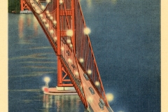 A vintage illustration of the Golden Gate Bridge at night, illuminated with bright lights. Cars travel along the bridge, and city lights are visible in the distance. The view is toward Marin Shore, San Francisco, California.