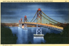 A vintage postcard illustration of the San Francisco-Oakland Bay Bridge at night. The bridge is illuminated with lights, and the city skyline is visible in the background under a dark sky.