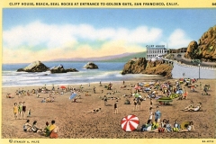 A vintage postcard depicts a bustling beach scene at Cliff House, San Francisco. People are lounging under colorful umbrellas, with rocks in the sea and a hotel in the background, under a clear, blue sky.