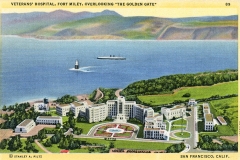 A vintage postcard illustration of Veterans Hospital, Fort Miley, overlooking the Golden Gate in San Francisco, California. The scene includes the hospital complex, landscaped gardens, and the ocean with a ship and distant mountains.