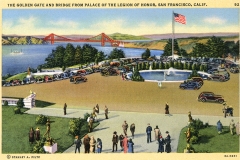 Vintage postcard illustration depicting the Golden Gate Bridge in the background, viewed from the Palace of the Legion of Honor, San Francisco. People and vintage cars fill the promenade, with an American flag prominently displayed.