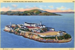 A vintage postcard illustration of Alcatraz Island in San Francisco Bay. The image shows the island with buildings, including a lighthouse, surrounded by water. A hillside is visible in the background under a sunset sky.