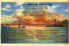 A vintage postcard featuring a poem titled Out Where the West Begins by Arthur Chapman. The background depicts the Golden Gate Bridge at sunset, with vibrant colors in the sky and a reflective body of water below.