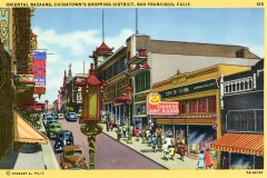 Vintage postcard of San Franciscos Chinatown shopping district. Busy street scene with people walking, colorful banners, and shops with traditional Chinese architecture. A sign reads Chinese Art Goods. Bright, lively atmosphere.