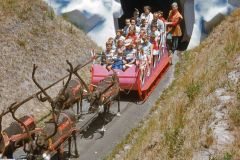 A group of people ride in a sleigh-shaped vehicle, pulled by animatronic reindeer, emerging from a snowy cave tunnel at Santas Village in California on a sunny day.
