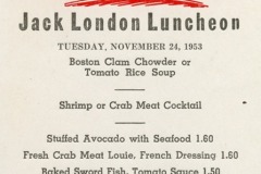 A vintage menu titled Jack London Luncheon from November 24, 1953, at Sea Wolf Restaurant in Jack London Square, featuring seafood dishes like Shrimp Cocktail and Fresh Crab Meat Louie. Beverages include coffee or milk, with the Sea Wolf logo illustrated at the top.