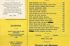 Vintage Sea Wolf Restaurant luncheon menu from November 1953, located in Jack London Square. Features appetizers, main courses like fried prawns and grilled salmon, sandwiches, and desserts including pie and sherbet. Enjoy drinks such as coffee and tea. Prices range from 10¢ to $1.95.