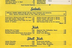 A vintage yellow menu titled A la Carte features sections for Cocktails, Appetizers, Salads, Fish, Shellfish, and Meats with prices. A red illustration of the Sea Wolf Restaurant at Jack London Square graces the top right corner with a charming building drawing.