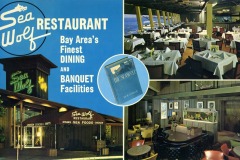 Collage featuring the Sea Wolf Restaurant signage and three interior views: a dining area with white tablecloths, another with modern decor and dark tables, and a close-up of The Sea Wolf by Jack London. Experience its charm near the vibrant Jack London Square.