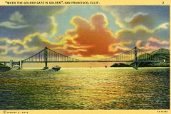 Vintage postcard illustration of the Golden Gate Bridge at sunset in San Francisco, California. The sky is filled with vibrant orange, yellow, and pink hues as the sun sets behind fluffy clouds, reflecting on the shimmering water.