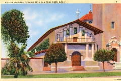 Illustrated postcard of Mission Dolores in San Francisco, showing the historic church with a red-tiled roof, cross on top, and arched wooden doors, surrounded by trees and greenery.