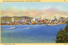 A vintage-style illustration of San Franciscos skyline from the bay, with Twin Peaks in the distance. Several boats and a large ship are sailing in the blue water. The cityscape features numerous buildings under a blue sky.