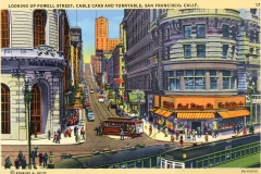 A vintage postcard illustration of Powell Street in San Francisco. The scene shows cable cars on tracks, busy sidewalks with people, and a corner building with a neon sign. The cityscape in the background features various early 20th-century buildings.