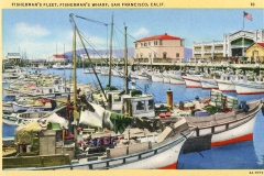 Vintage postcard of Fishermans Wharf, San Francisco, depicting a bustling harbor with numerous docked fishing boats. The background features historic buildings and a clear blue sky, evoking a sense of nostalgia.