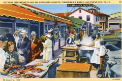 A vintage illustration depicting a bustling outdoor fish market at Fishermans Wharf in San Francisco. People are dressed in early 20th-century attire, browsing and selling seafood at various stalls.