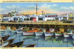 A vintage postcard illustration of a row of colorful boats docked at Fishermans Wharf, San Francisco. Behind them are the Sea Food Restaurant and Di Maggios, under a partly cloudy sky.