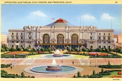 Vintage postcard of the Exposition Auditorium at the Civic Center in San Francisco, California. The image shows a grand building with arched windows, lush gardens, a path, and two large fountains in the foreground.