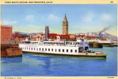 A vintage postcard illustration of the ferry boat El Paso departing San Francisco. The ferry is in the foreground with the Ferry Building and city skyline in the background under a clear blue sky.