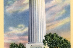 Illustration of Coit Tower on Telegraph Hill in San Francisco, surrounded by trees and colorful flowers. Vintage cars are parked at the base of the iconic white structure against a partly cloudy sky.