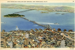 A vintage postcard illustration of the San Francisco-Oakland Bay Bridge, showing the bridge spanning across the water with a view of the cityscape and a ship in the bay. The horizon includes distant hills and an island.
