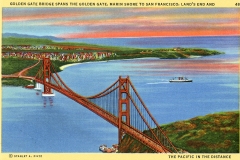 Illustration of the Golden Gate Bridge at sunset with a cityscape in the background. A ship sails in the bay, and the sky is painted in shades of orange and blue. The scene is surrounded by a yellow border with text.