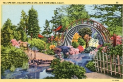 Colorful vintage postcard of the Japanese Tea Garden in Golden Gate Park, San Francisco. Features a wooden arched bridge over a serene pond surrounded by lush greenery and vibrant flowers.