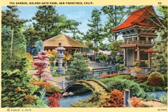 A vintage postcard of the Tea Garden in Golden Gate Park, San Francisco. It features a serene landscape with a small arched bridge, a stone lantern, colorful trees, and traditional buildings under a clear blue sky.