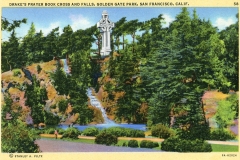 A vintage postcard depicting Drakes Cross and waterfall in Golden Gate Park, San Francisco. Tall trees surround the area, and a cross stands prominently above a cascading waterfall.