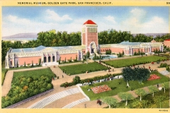 Illustration of Memorial Museum in Golden Gate Park, San Francisco. The building has a tall central tower, red roof, and is surrounded by gardens and pathways. People are walking and gathering around, with trees in the background.