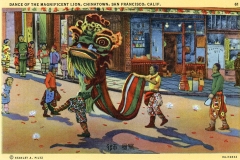 Illustration of a lion dance in a Chinatown street in San Francisco. The lion costume is colorful and animated by two performers, while others in patterned outfits watch. Spectators and buildings form the vibrant backdrop.