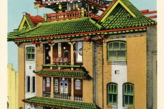 Illustration of Kong Chow Temple in Chinatown, San Francisco. The building has a traditional Chinese architectural style with ornate green-tiled roofs and decorative elements, set against a blue sky. Signage appears in Chinese characters.