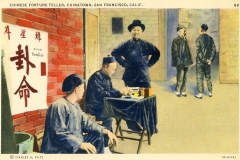 Vintage illustration of a Chinese fortune teller scene in San Franciscos Chinatown. Three men, dressed in traditional attire, sit around a table; one is writing. Two men stand talking nearby. A poster with Chinese characters hangs on a brick wall.