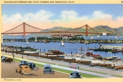 Vintage postcard illustration of the Golden Gate Bridge and yacht harbor in San Francisco. The scene includes boats on the water, classic cars parked along the road, and distant hills under a soft sky.