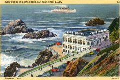 Vintage postcard of Cliff House and Seal Rocks, San Francisco, California. Features a large white building labeled Cliff House overlooking the ocean, with a cruise ship in the background and vintage cars on the winding road.