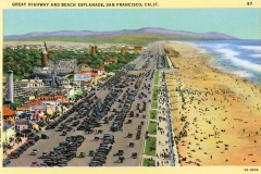 A vintage postcard of Great Highway and Beach Esplanade in San Francisco, CA. It features a busy road lined with numerous vehicles on the left and a crowded sandy beach with people on the right, set against a backdrop of distant hills.