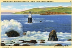 Vintage postcard illustration of Mile Rock Lighthouse amid turbulent waves in the ocean. In the background, the coastline of San Francisco can be seen, under a partly cloudy sky. The caption reads, Giant Breakers, Mile Rock Lighthouse, Looking Across The Golden Gate..