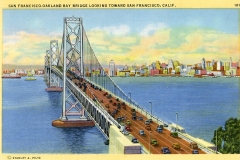 A vintage postcard illustration of the San Francisco-Oakland Bay Bridge. The bridge extends over the water toward San Franciscos colorful skyline, with several cars on the roadway and a partly cloudy sky above.