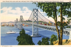 A vintage illustration of the San Francisco-Oakland Bay Bridge from Yerba Buena Island, showcasing the bridge spanning across the water. A ferry is on the bay, and a cityscape is visible in the background. Trees frame the scene on the right.