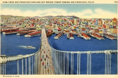 A vintage postcard illustration of the San Francisco-Oakland Bay Bridge. The bridge extends towards a colorful cityscape of San Francisco, with blue waters beneath and a ferryboat in the bay. The sky is clear, with a few wispy clouds.