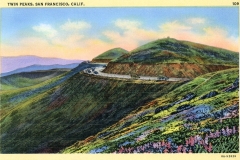 Vintage postcard illustration of a scenic view at Twin Peaks, San Francisco, showing a winding road with cars and hills adorned with colorful wildflowers under a serene sky.