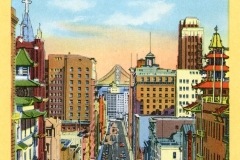 Colorful vintage postcard illustration of California Street in San Francisco, featuring two cable cars descending a hill. Tall buildings line the street, with the Bay Bridge visible in the background under a clear sky.