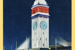 Illustration of the Ferry Building in San Francisco at night. The clock tower is illuminated against a dark sky, and there is a warm glow from the buildings windows and entrance. People and cars are visible in front of the structure.