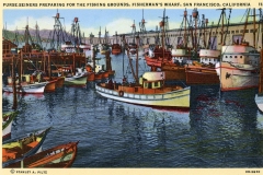 Illustration of purse-seiner boats at Fishermans Wharf in San Francisco. Several colorful fishing vessels are docked in the harbor, with a backdrop of a long building and calm water reflecting the boats.