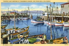 Colorful vintage postcard of Fisherman’s Wharf, San Francisco. Numerous fishing boats docked at the pier with calm water reflecting the vessels. A clear sky is above, creating a serene maritime scene.