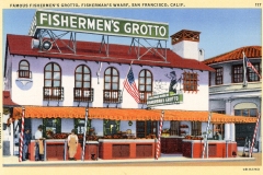 Vintage postcard of Fishermens Grotto at Fishermans Wharf, San Francisco. The building has a red-tiled roof and American flags. An orange awning shades the outdoor dining area with food displays and signage. Vibrant, retro style.