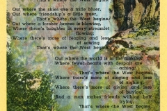 A vintage postcard titled Out Where the West Begins features a poem by Arthur Chapman. It shows a scenic landscape with towering cliffs, blue sky, and a tree-lined path. The poem is overlaid on the image, with postcard details at the bottom.