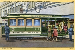 A vintage postcard illustration of a green and yellow San Francisco cable car on a turntable. Its labeled Washington & Jackson Sts, with people boarding and surrounding it. The scene is set in a bustling urban area.
