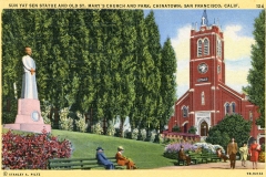 A vintage postcard illustration of Sun Yat-sen statue and Old St. Marys Church in a park setting. The red brick church features a tall clock tower. People are sitting and walking in the park, surrounded by tall trees and colorful flowers.